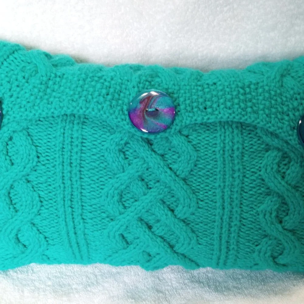 Hand Crafted Throw Pillow Hand Knit Turquoise Cable Hand Painted Button